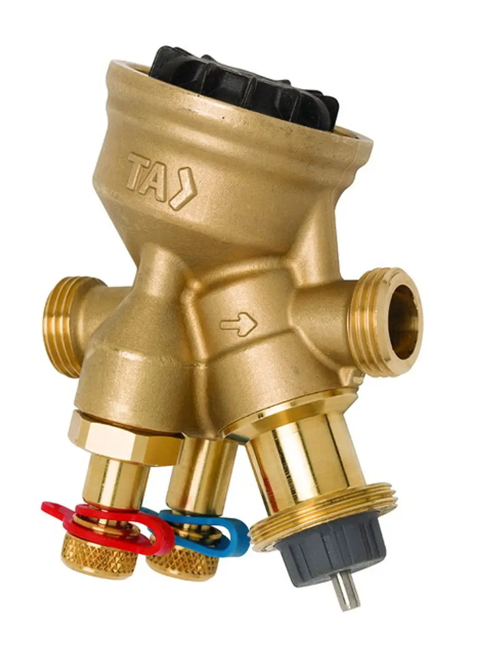 Druckunabhängiges Regel- und Regulierventil aus Messing mit mehreren Anschlüssen, hergestellt von IMI Hydronic Engineering. Nutzen in Heizungs- und Kühlanlagen.